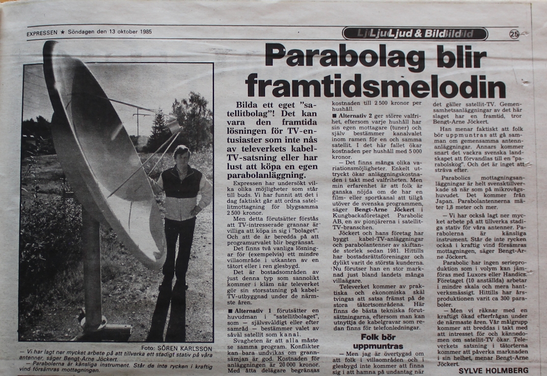 Expressen Ljud & Bild söndagen den 13 oktober 1985 sid 25 "Parabolag"